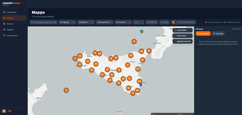 Mappa della Sicilia di Locator Sicilia con i punti vendita raggruppati